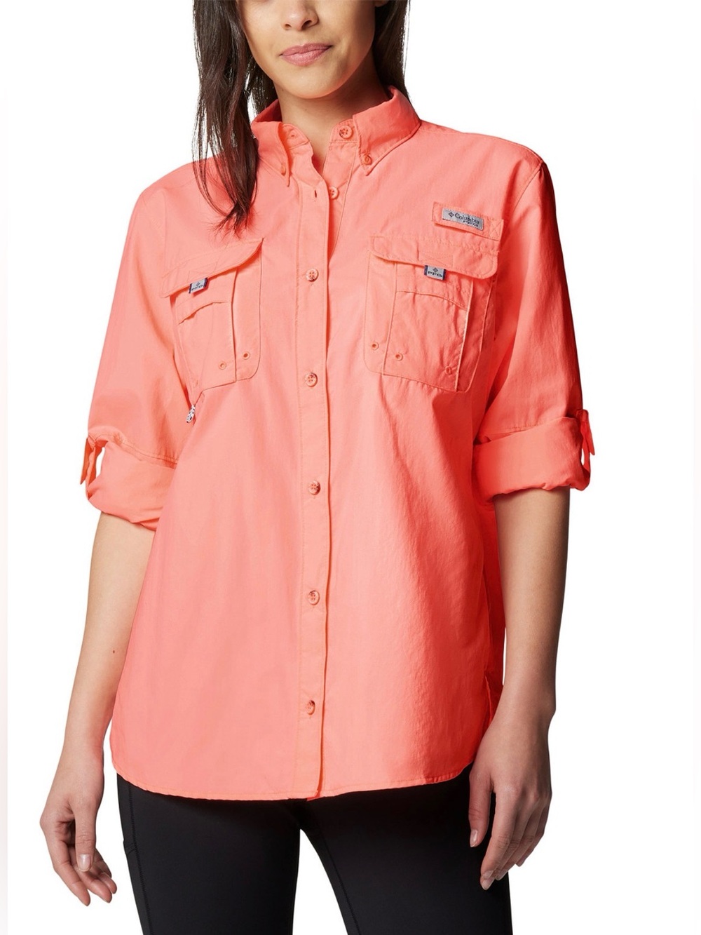 Columbia PFG Bahama II Long Sleeve Button Down Shirt Tiki Pink Women M Fishing